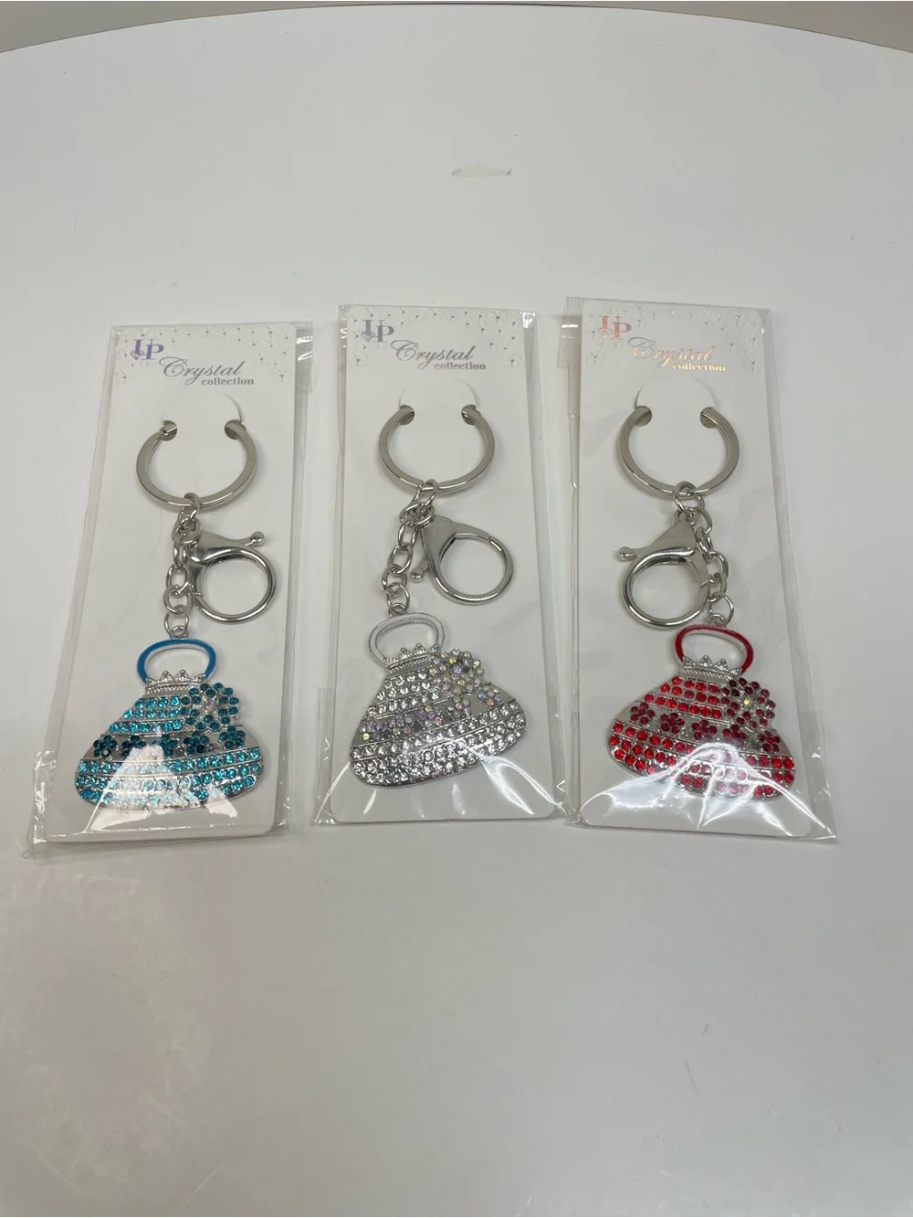 Bag Charms Rhinestone Purse Keychains - Blue, Silver , Red Set of 3